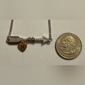 Initial “N” Arrow Pendant Necklace with Initial Charm - Silver Tone